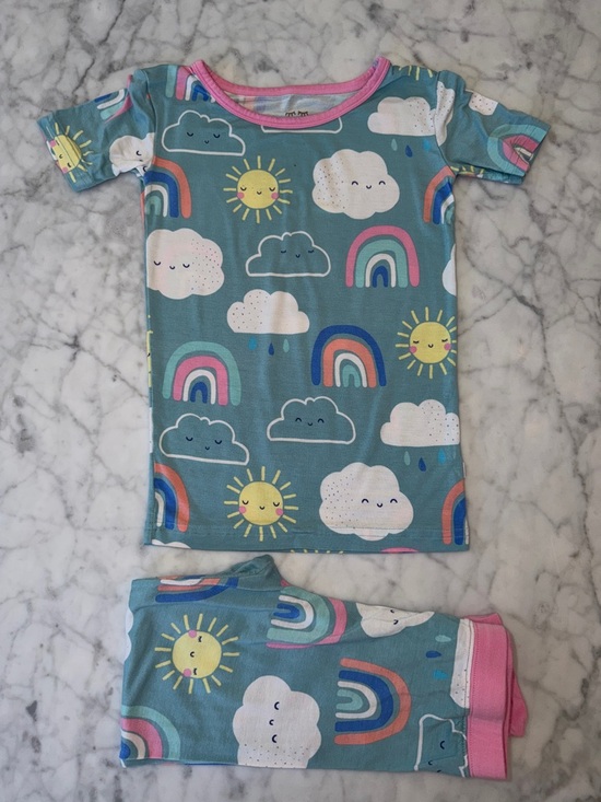 Little Sleepies Other - Little Sleepies Blue Rainbow & Sunshine Pajama Set with Pink Trim 4T